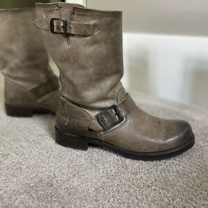Frye Gray Combat Moto Boots with Distressed Leather
